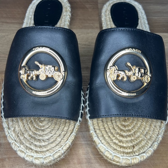 Black & Gold Coach Espadrille Corey Slides - Picture 1 of 5